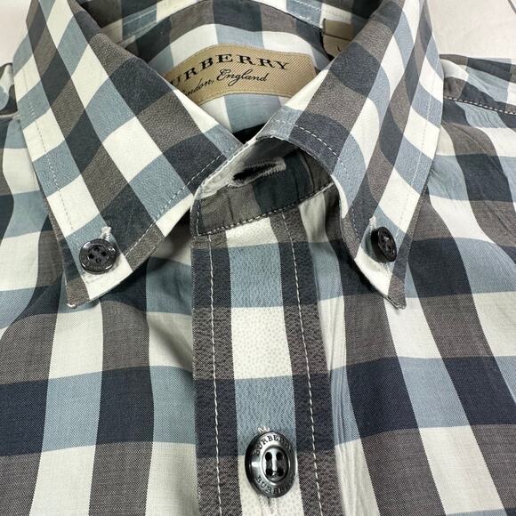Burberry Shirt Mens Large Gray Blue Checkered Button Down Long Sleeve Plaid Work - Picture 11 of 11
